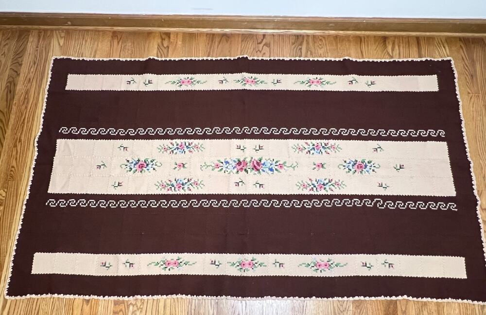 Brown Floral Wool? Handmade Needlework Cross stitch Afghan Blanket Throw 76 x 44